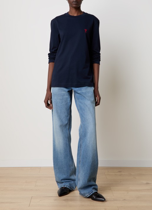 AMI Paris Longsleeve van  katoen met logoborduring  - voorkant 5 donkerblauw