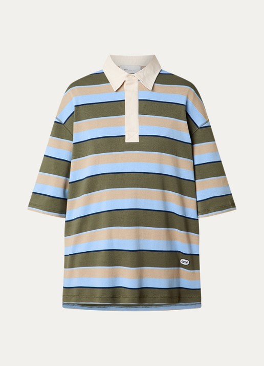 AMI Paris Oversized polo met streepprint - voorkant mosgroen