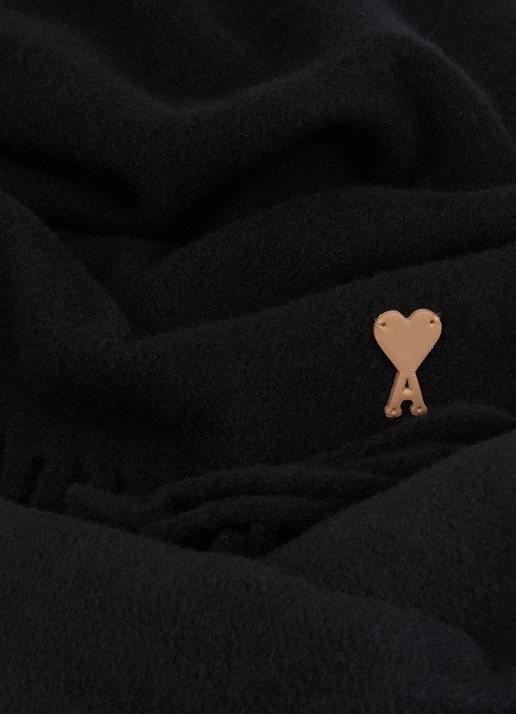 AMI Paris Sjaal van wol met logodetail van leer 200 x 25 cm - detail 3 zwart