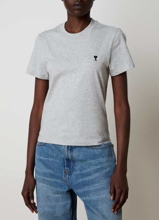 AMI Paris T-shirt met logoborduring - detail 4 lichtgrijs