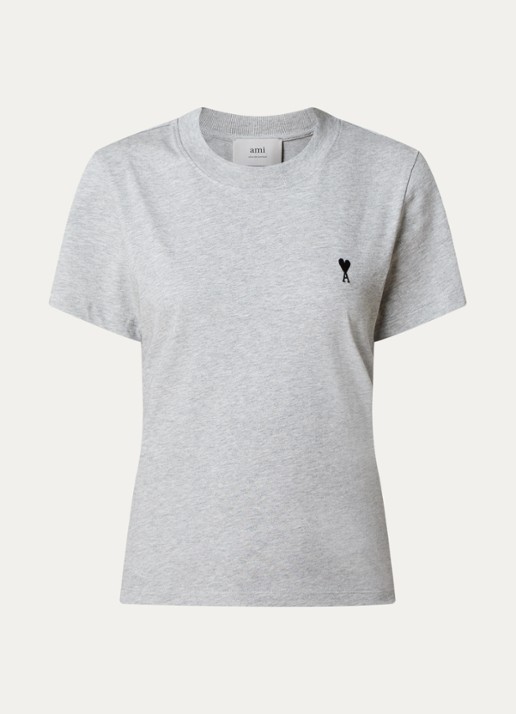 AMI Paris T-shirt met logoborduring - voorkant lichtgrijs