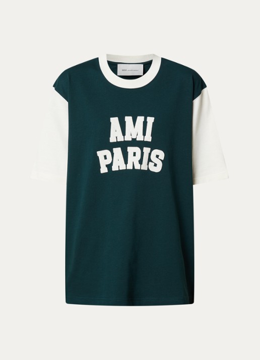 AMI Paris T-shirt met logoborduring - voorkant donkergroen