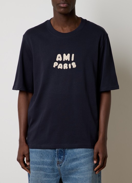 AMI Paris T-shirt van  katoen met logoborduring - detail donkerblauw