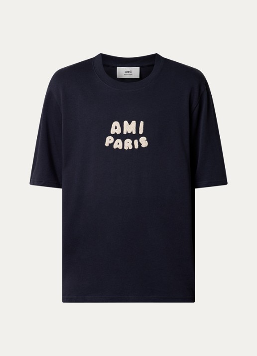 AMI Paris T-shirt van  katoen met logoborduring - voorkant 3 donkerblauw