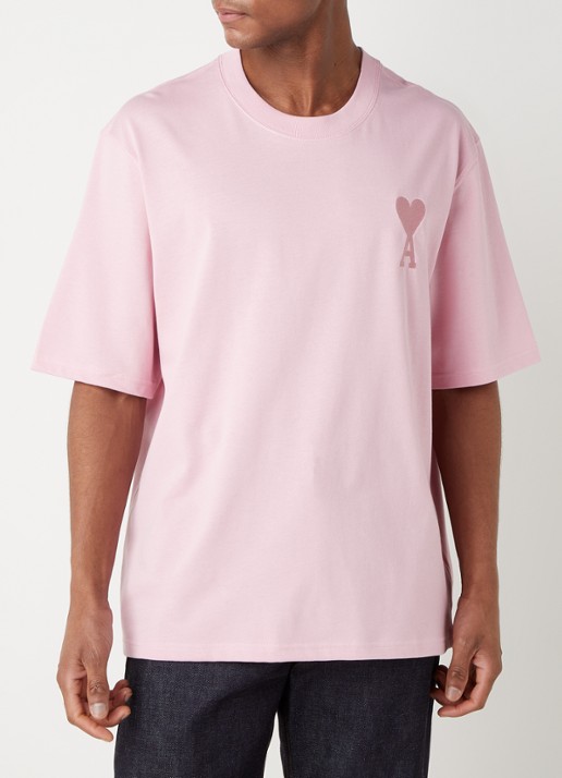 AMI Paris T-shirt van  katoen met logoborduring  - detail 2 roze