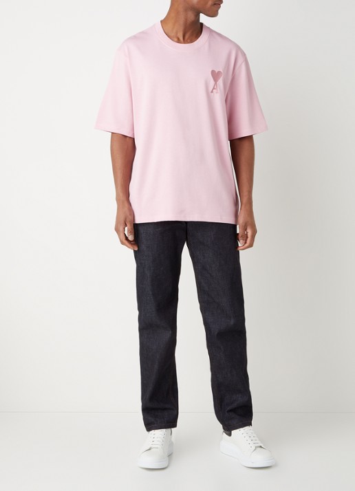 AMI Paris T-shirt van  katoen met logoborduring  - voorkant 4 roze