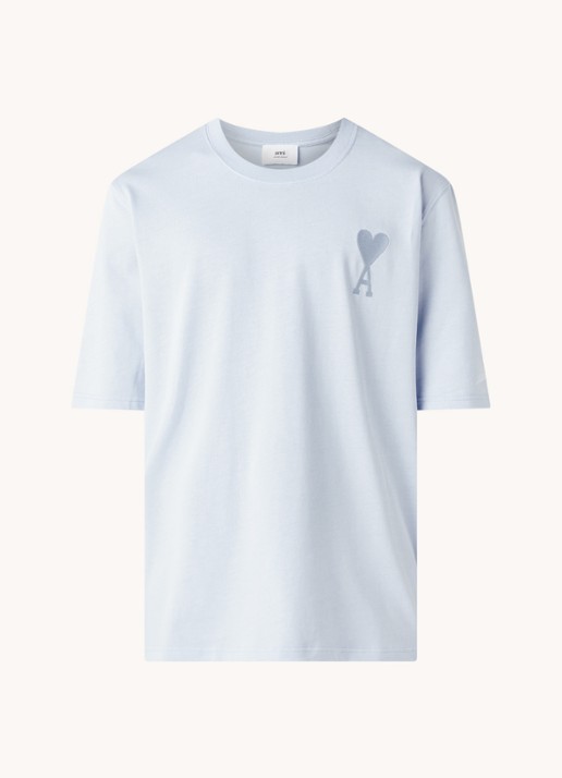 AMI Paris T-shirt van  katoen met logoborduring  - voorkant 3 lichtblauw