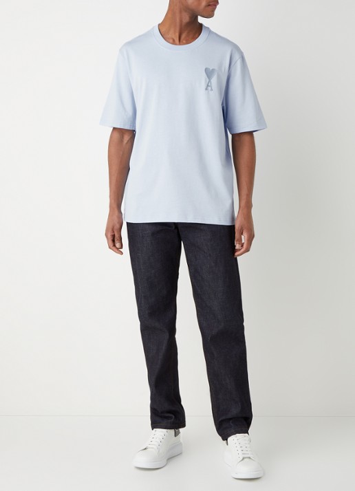 AMI Paris T-shirt van  katoen met logoborduring  - voorkant 4 lichtblauw