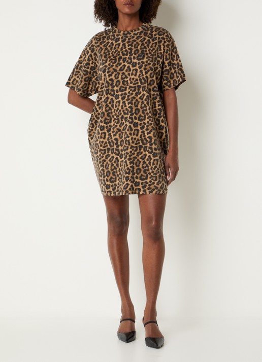 Anine Bing Beth mini T-shirt jurk met dierenprint - voorkant 2 camel