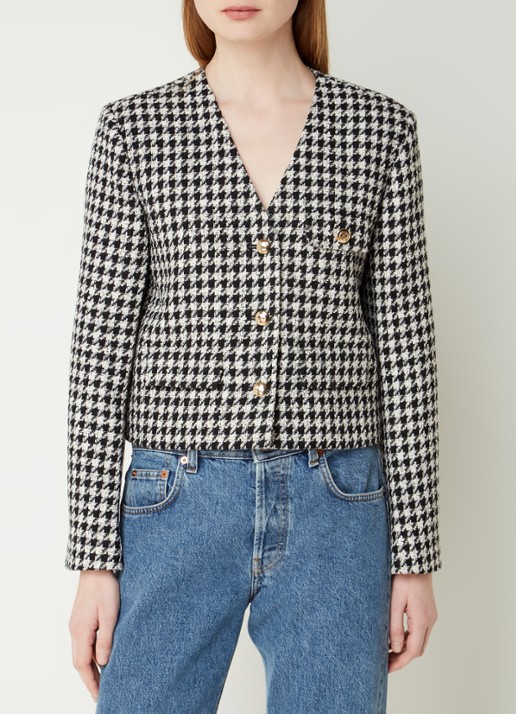 Anine Bing Cara cropped blazer van tweed met pied-de-poule dessin - detail 2 zwart