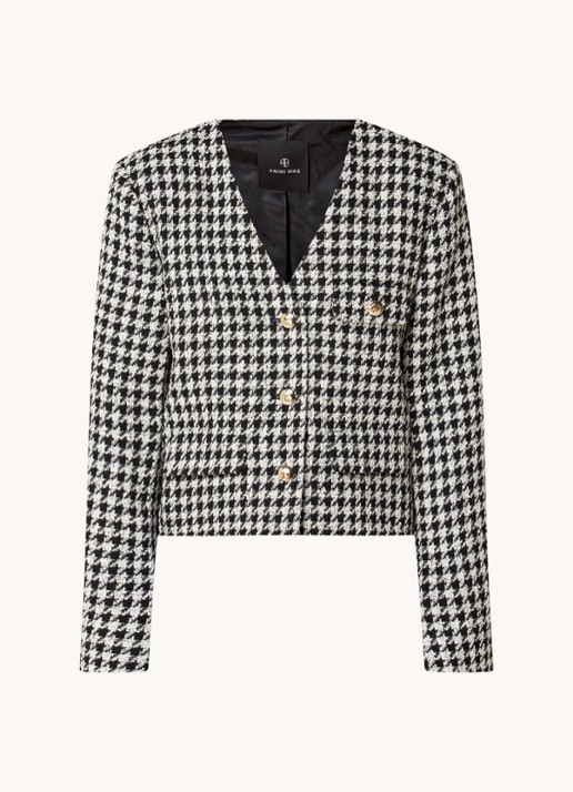 Anine Bing Cara cropped blazer van tweed met pied-de-poule dessin - voorkant 4 zwart