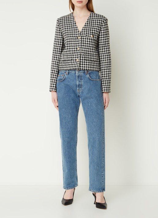 Anine Bing Cara cropped blazer van tweed met pied-de-poule dessin - voorkant 5 zwart