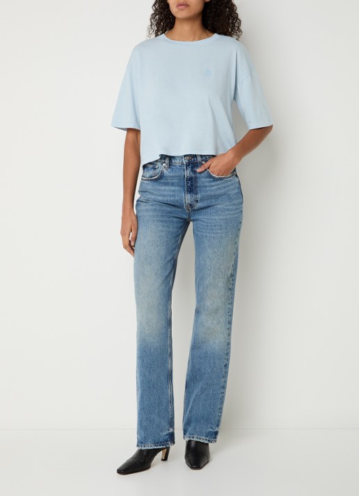 Anine Bing Johnny cropped T-shirt met logo - voorkant 3 lichtblauw