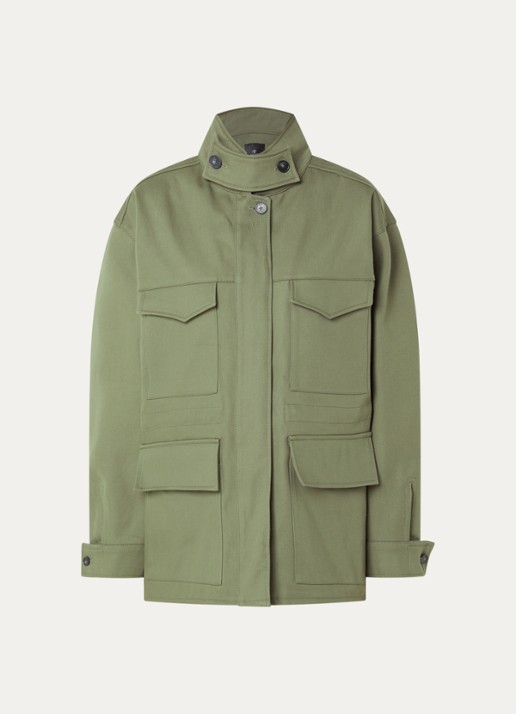 Anine Bing Sahara trenchcoat met opstaande kraag en klepzakken - voorkant 3 legergroen