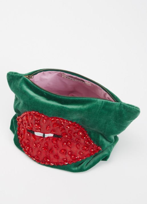 Anna + Nina Beaded Pout make-up tas met borduring en kralendecoratie - voorkant 2 donkergroen