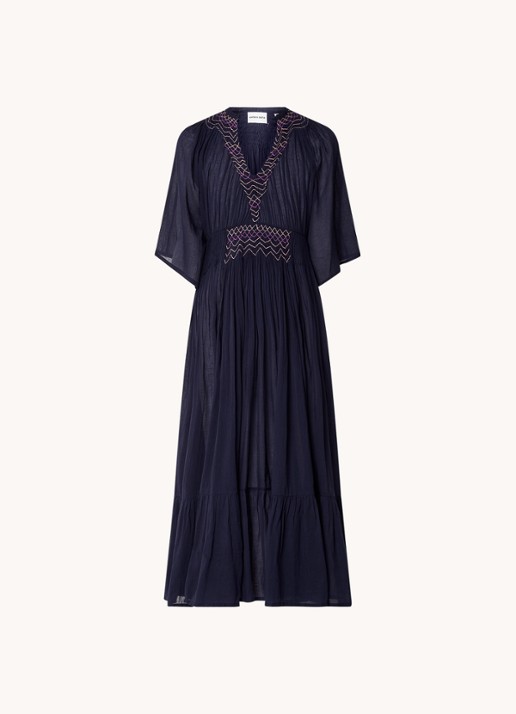 Antik Batik Ayo gelaagde maxi jurk met plissé en borduring - voorkant 3 donkerblauw