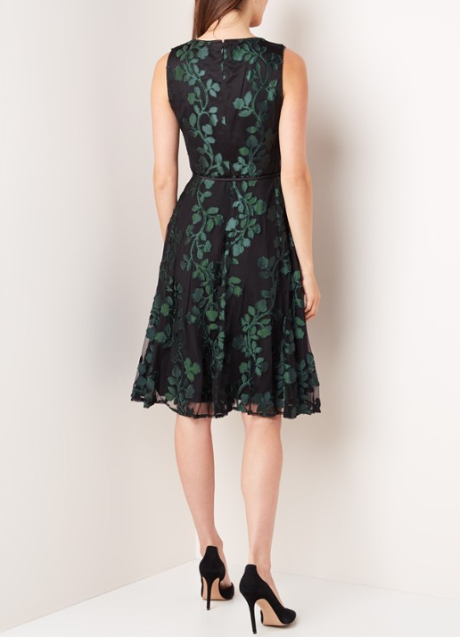 Ariana midi jurk met jacquard dessin en strikceintuur - achterkant zwart