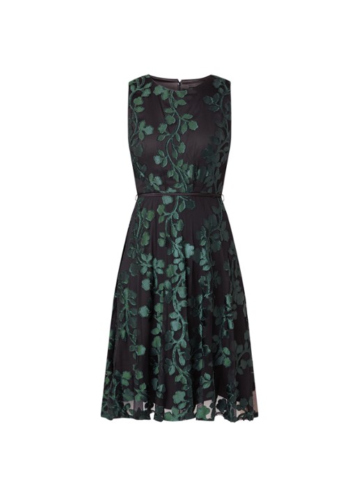 Ariana midi jurk met jacquard dessin en strikceintuur - voorkant 2 zwart