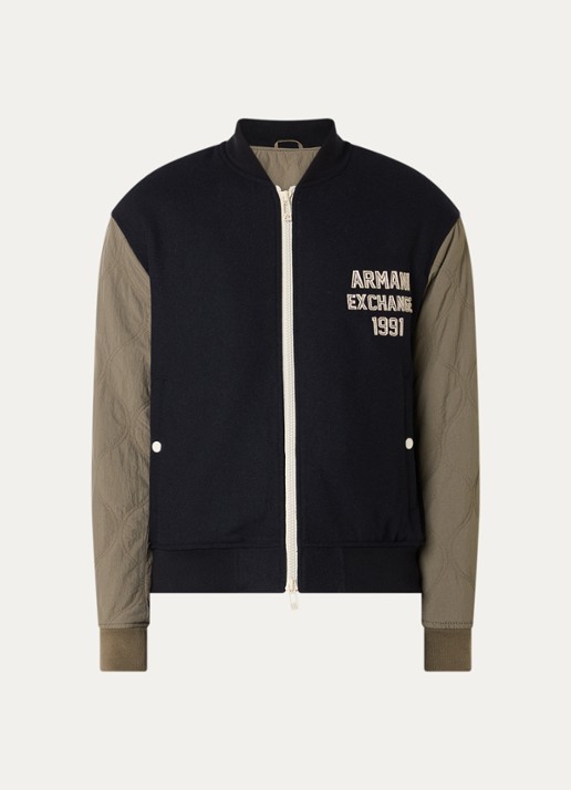 Armani Bomberjack in scheerwolblend met logoborduring en quilt patroon - voorkant 2 donkerblauw