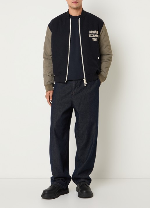 Armani Bomberjack in scheerwolblend met logoborduring en quilt patroon - voorkant 3 donkerblauw