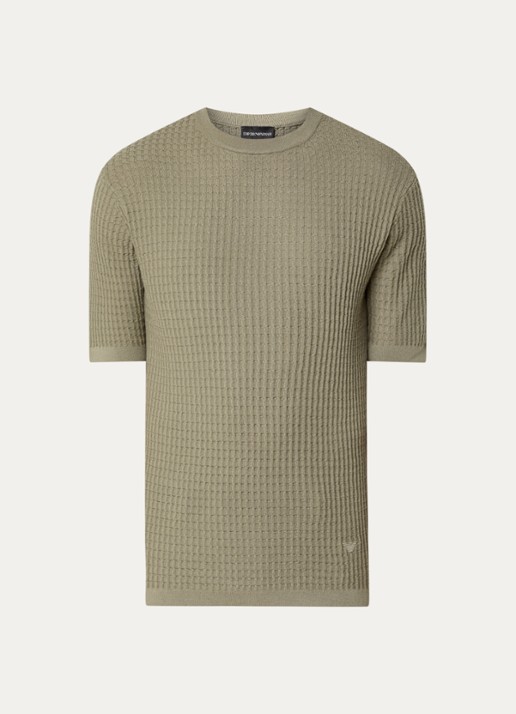 Armani Fijngebreid T-shirt van wol met structuur - voorkant 3 khaki