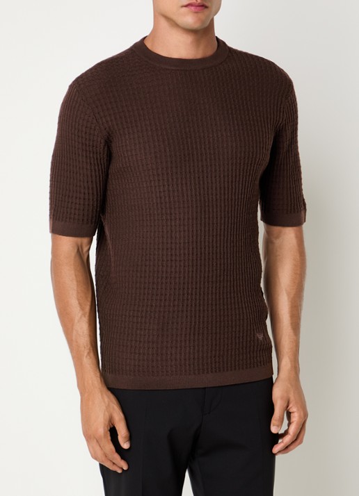 Armani Fijngebreid T-shirt van wol met structuur - detail 3 donkerbruin