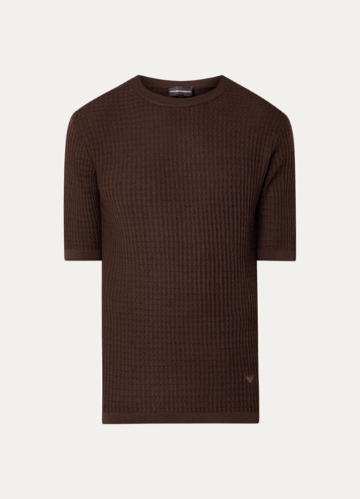 Armani Fijngebreid T-shirt van wol met structuur - voorkant donkerbruin
