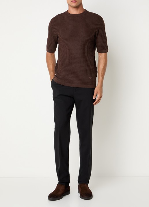 Armani Fijngebreid T-shirt van wol met structuur - voorkant 2 donkerbruin