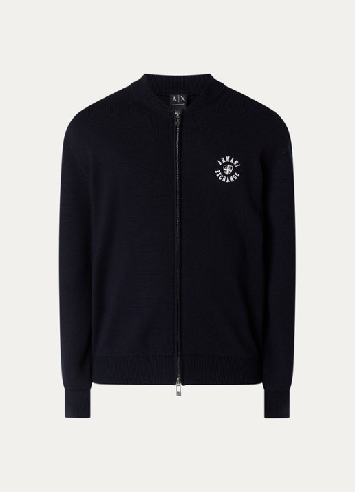 Armani Fijngebreid vest in scheerwolblend met logoborduring - voorkant donkerblauw