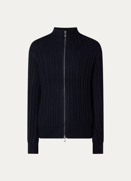 Armani Fijngebreid vest in wolblend met opstaande kraag - voorkant donkerblauw