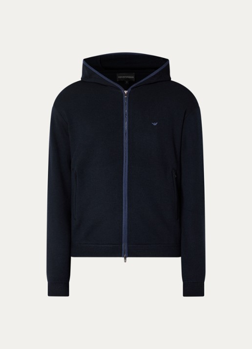 Armani Fijngebreid vest met capuchon en logo - voorkant 3 donkerblauw