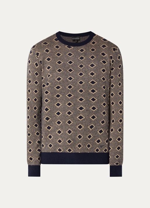 Armani Fijngebreide pullover in kasjmierblend met ingebreid patroon - voorkant donkerblauw