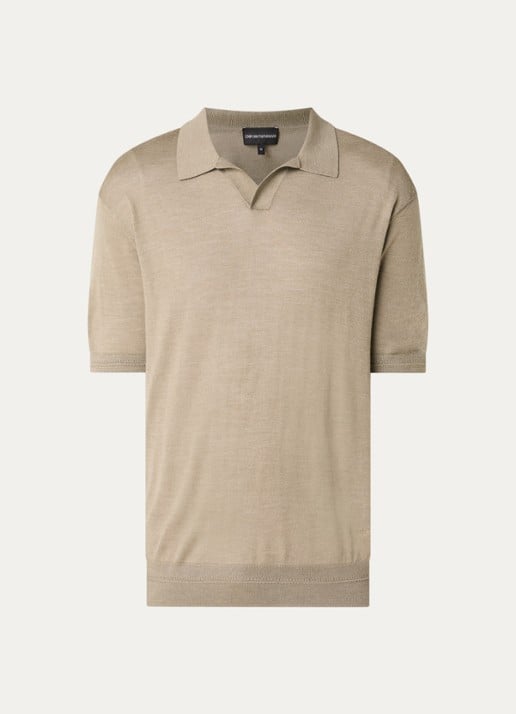 Armani Fijngebreide regular fit polo in zijdeblend - voorkant 3 zand
