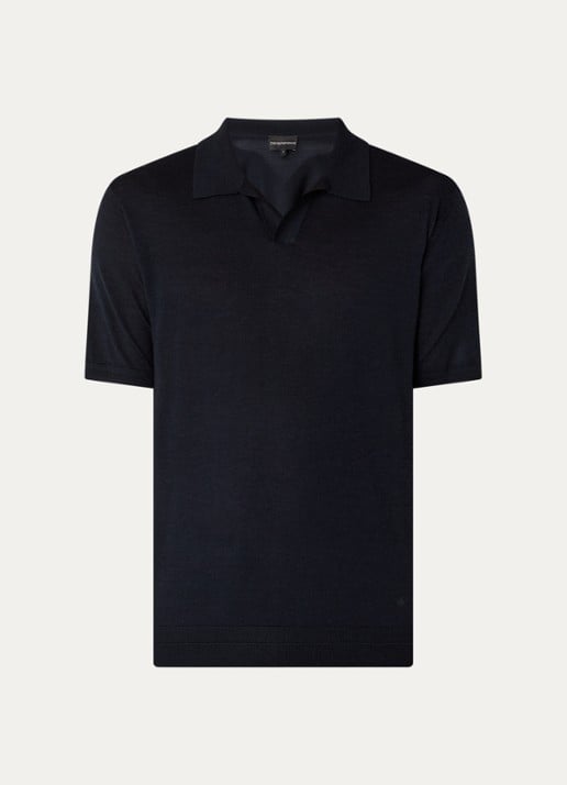 Armani Fijngebreide regular fit polo in zijdeblend - voorkant donkerblauw