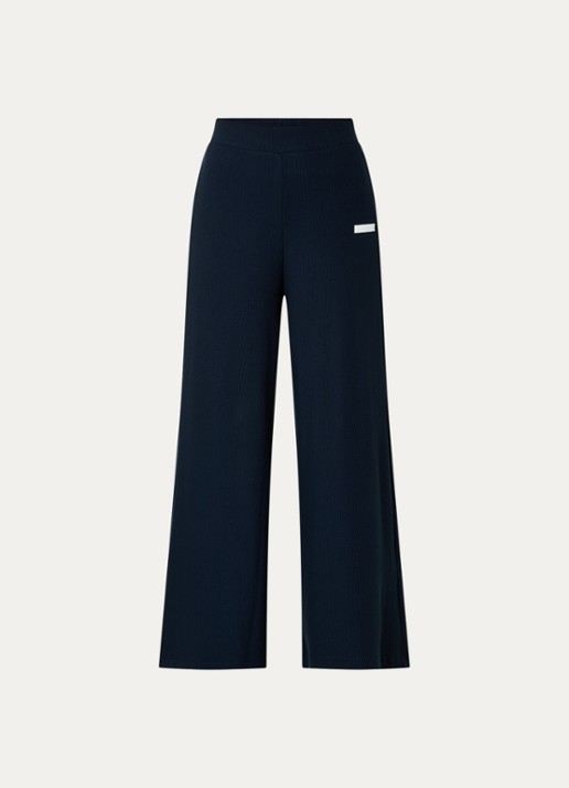 Armani High waist wide fit broek met ribstructuur en logo - voorkant donkerblauw