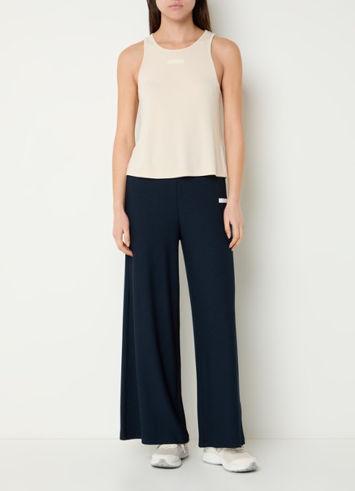 Armani High waist wide fit broek met ribstructuur en logo - voorkant 2 donkerblauw