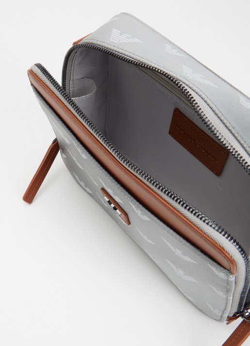 Armani Mini all-over eagle schoudertas van canvas met logo  - detail 3 grijs