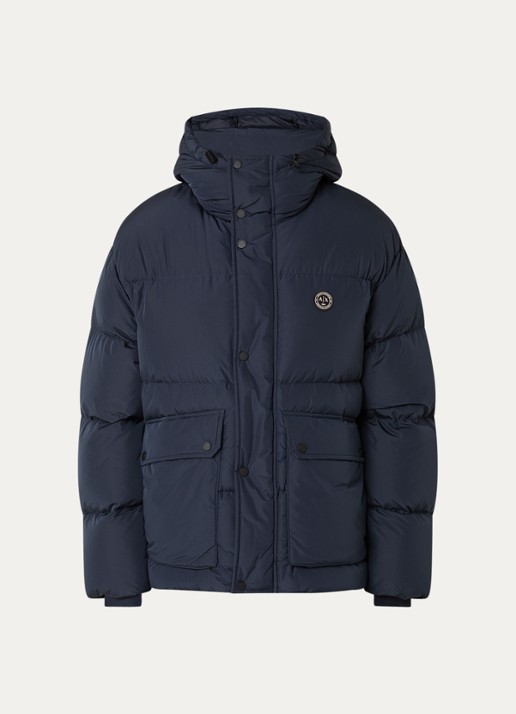 Armani Puffer jack met capuchon en donsvulling - voorkant donkerblauw