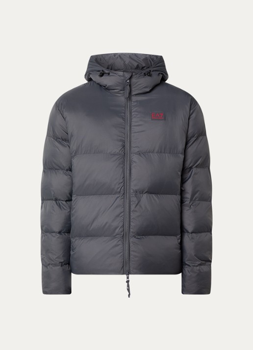 Armani Puffer jack met logo- en backprint - voorkant donkergrijs