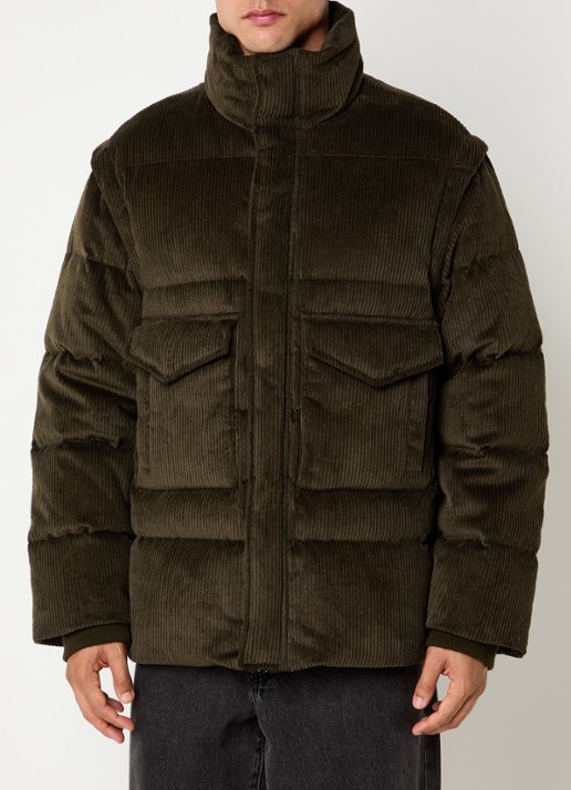 Armani Puffer jack van corduroy met afneembare mouwen - detail bronsgroen