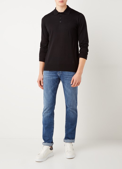 Armani Regular fit fijngebreide polo van scheerwol - voorkant 4 zwart