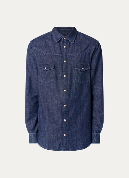 Armani Regular fit overhemd van denim met borstzakken - voorkant indigo