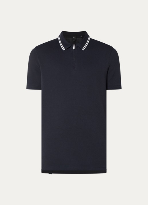 Armani Regular fit polo van piqué katoen met halve rits - voorkant 3 donkerblauw