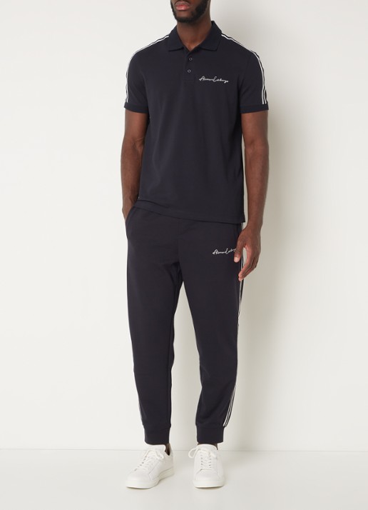 Armani Regular fit polo van piqué katoen met logoborduring - voorkant 3 donkerblauw