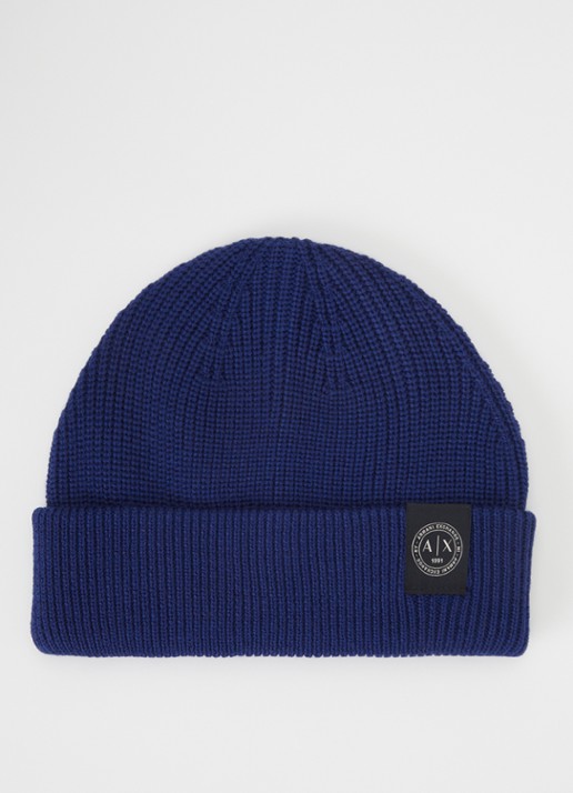 Armani Ribgebreide muts in wolblend met logo - voorkant donkerblauw