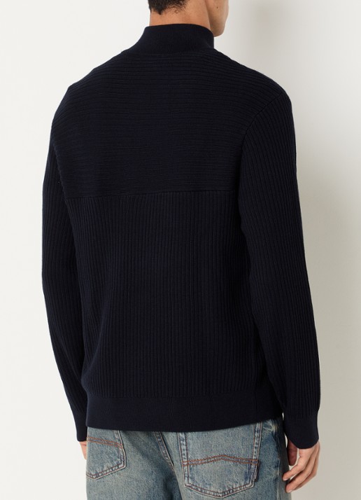 Armani Ribgebreide pullover in scheerwolblend met halve rits - achterkant 3 donkerblauw