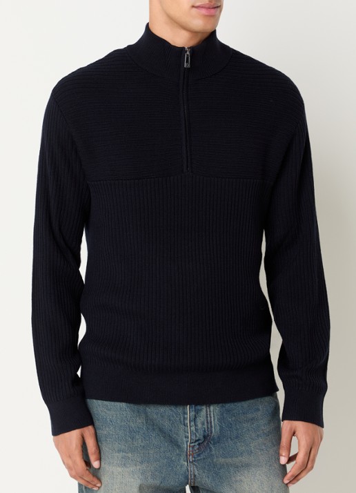 Armani Ribgebreide pullover in scheerwolblend met halve rits