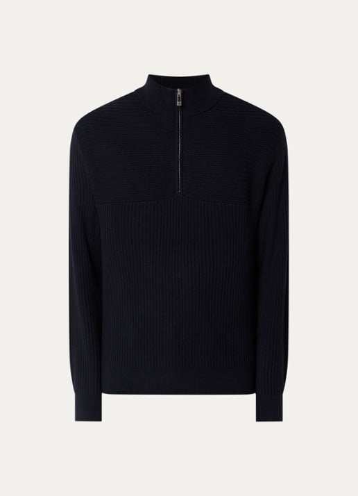 Armani Ribgebreide pullover in scheerwolblend met halve rits - voorkant donkerblauw