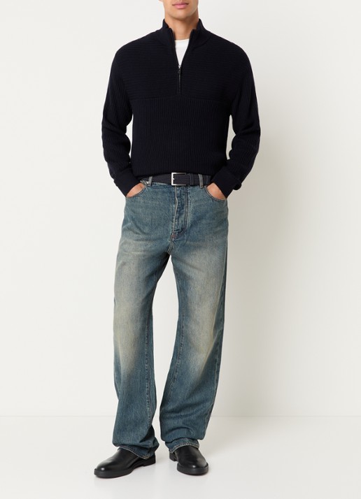 Armani Ribgebreide pullover in scheerwolblend met halve rits - voorkant 2 donkerblauw