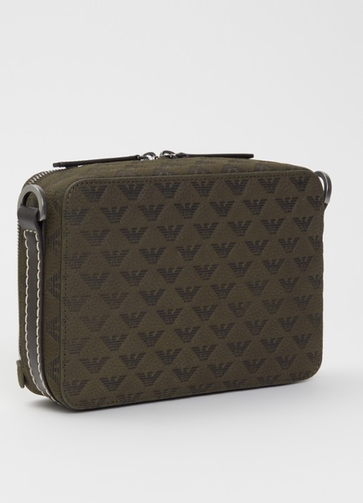 Armani Schoudertas met details van leer en logoprint  - achterkant olijfgroen